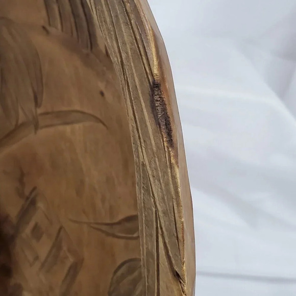 VTG Asian Hand Carved Wood Bowl Engraved Rustic Low Floral Design 11” Decorative - Picture 7 of 9